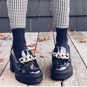 Guess Black Patent Loafers with Gold Chain Accent